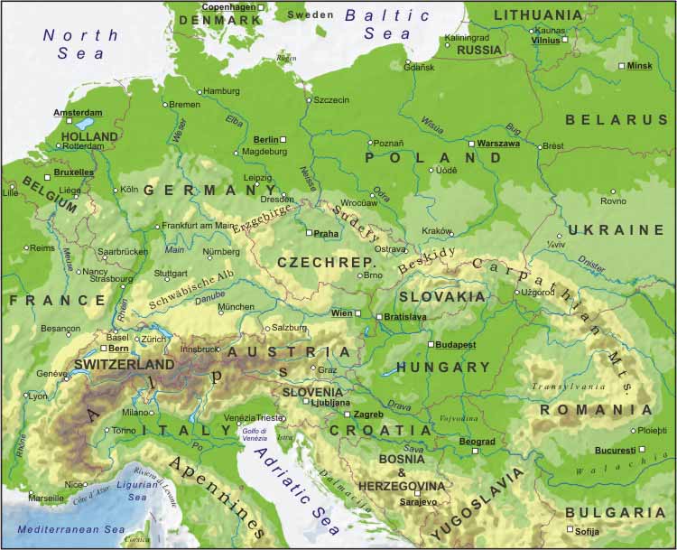 map of central Europe, displaying the Czech Republic in center of map.