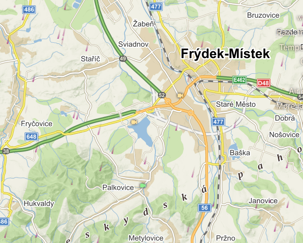 map showing roads in the area of Hukvaldy, Palkovice, and Frýdek-Místek