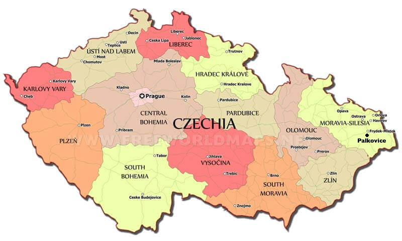 map of the Czech Republic showing regions of country, including Moravia-Silesia, which contains village of Palkovice.