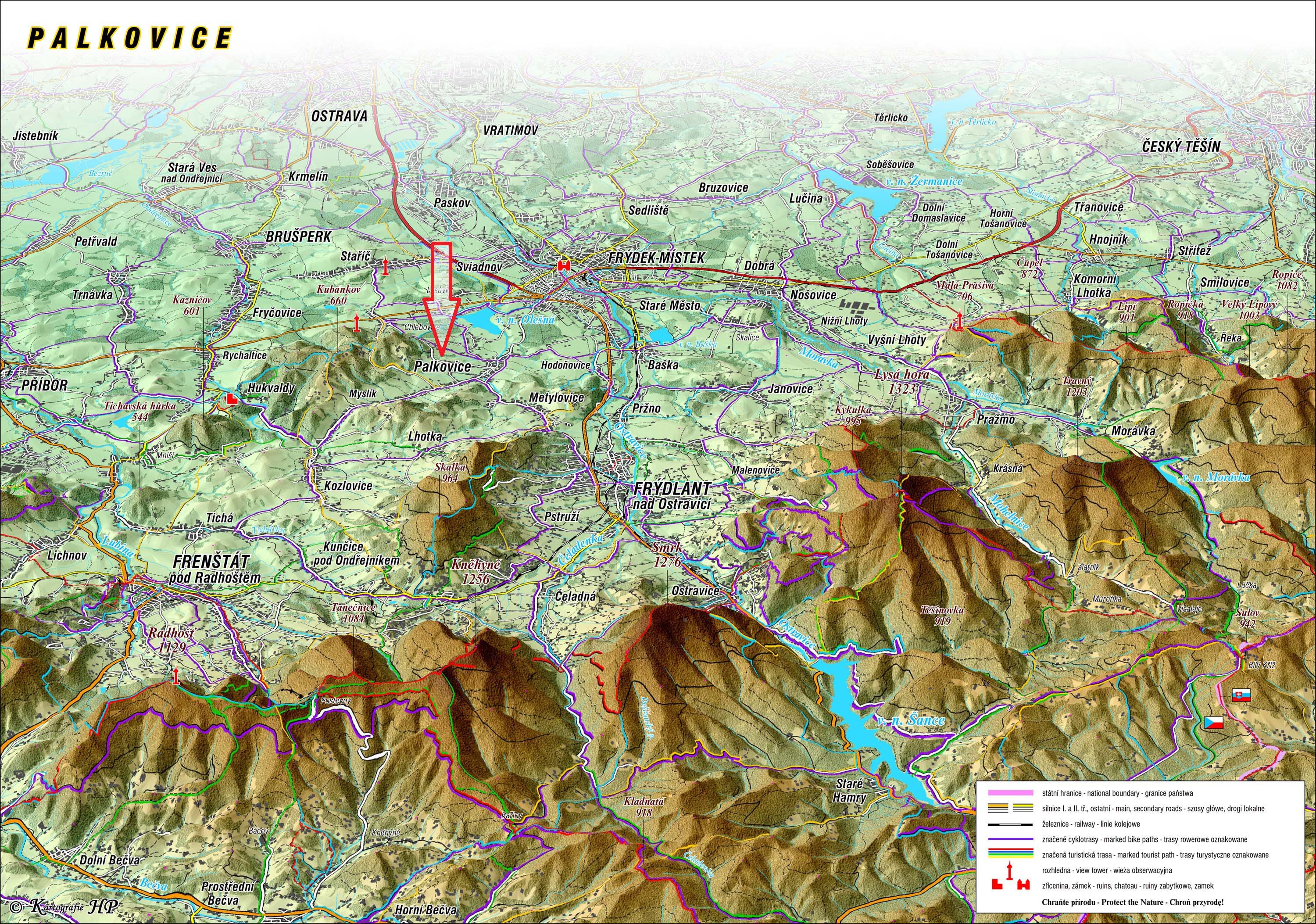 Raised relief map of Palkovice and surrounding area