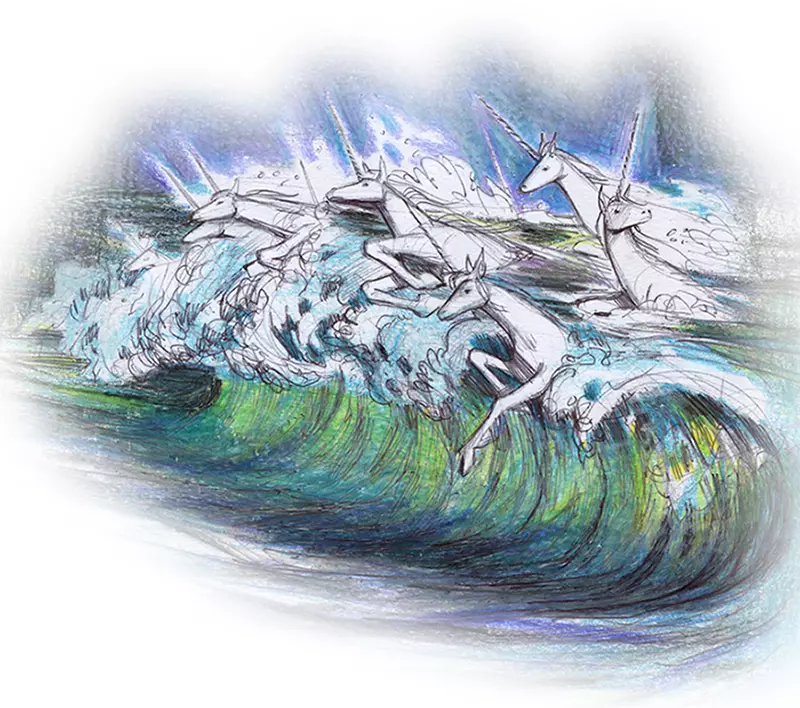 sketch of unicorns coming out of the waves onto a beach