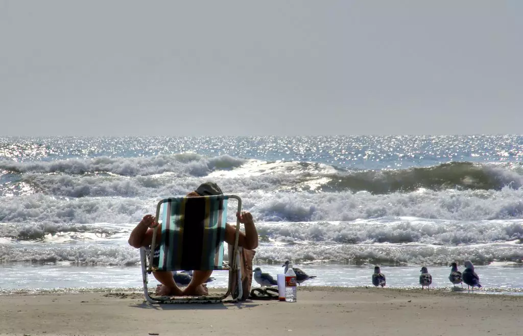 someone in a lawnchair at water's edge on a beach looking out to the bay with seagulls standing around the chair