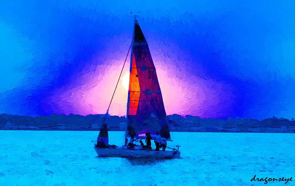 sailboat in profile against a setting sun photoshopped to resemble an oil painting