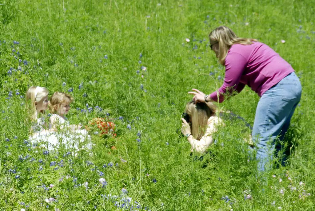 two small girls with blonde hair and white dresses posing in a grass and flowers as their mother stands behind the squatting photograher taking their picture