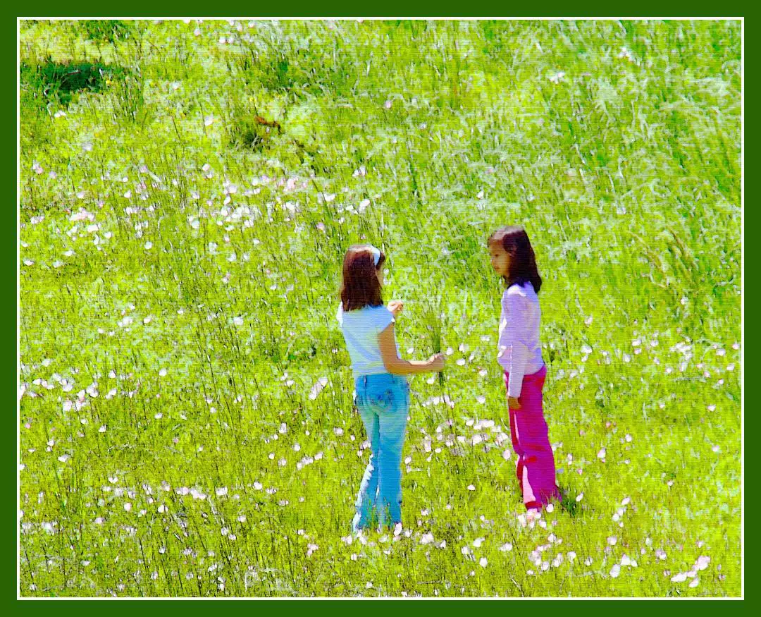 two casually dressed young girls standing in grass and spring flowers looking at each other